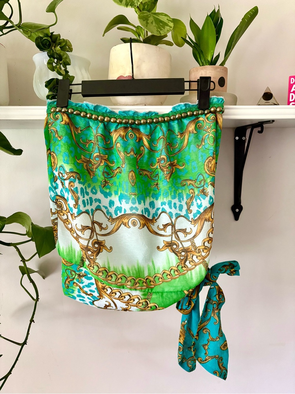 bebe Green Aqua Baroque Asymmetrical Tie-Side Top with Gold Chain Print